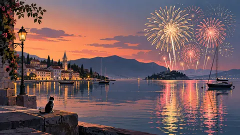 New Year fireworks reflected across a quiet harbor – minimal celebratory illustration Frame TV art