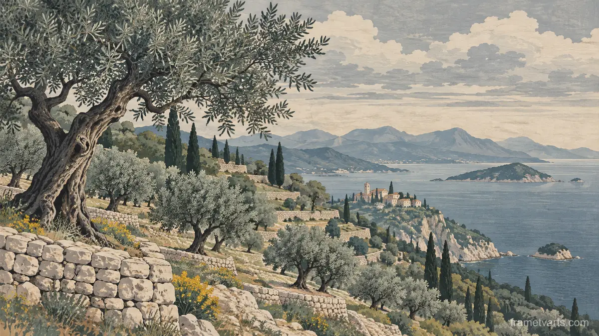 Olive grove on terraced limestone hills – japanese-inspired woodblock print Samsung Frame TV art, 4K