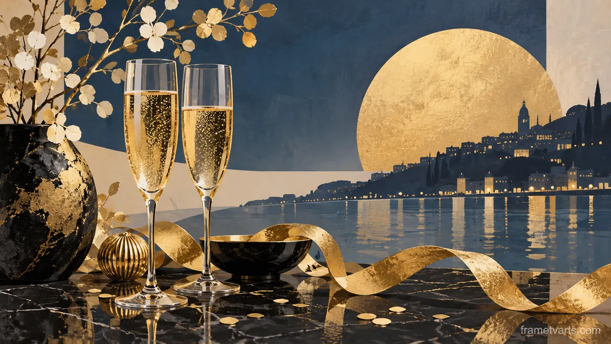 New Year still life of sparkling glass and gold ribbons – minimal celebratory illustration Samsung Frame TV art, 4K