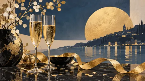 New Year still life of sparkling glass and gold ribbons – minimal celebratory illustration Frame TV art