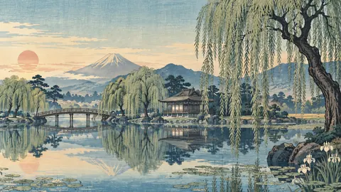 Willow trees reflected in a still pond – japanese-inspired woodblock print Frame TV art