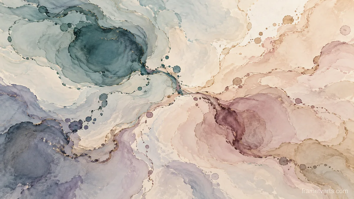Freeform ink pools connected by fine trails – muted pastel organic abstraction Samsung Frame TV art, 4K