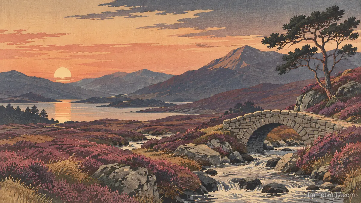 Heather moor and small stone footbridge – japanese-inspired woodblock print Samsung Frame TV art, 4K