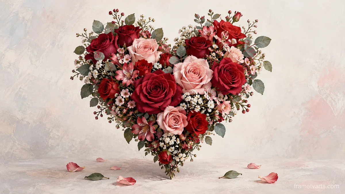 Valentine heart-shaped floral arrangement – minimal celebratory illustration Samsung Frame TV art, 4K