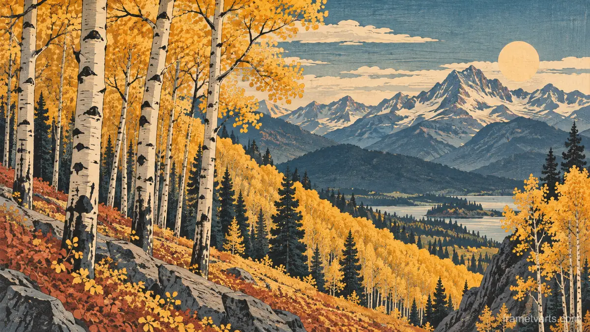 Aspen grove in autumn sunlight – japanese-inspired woodblock print Samsung Frame TV art, 4K
