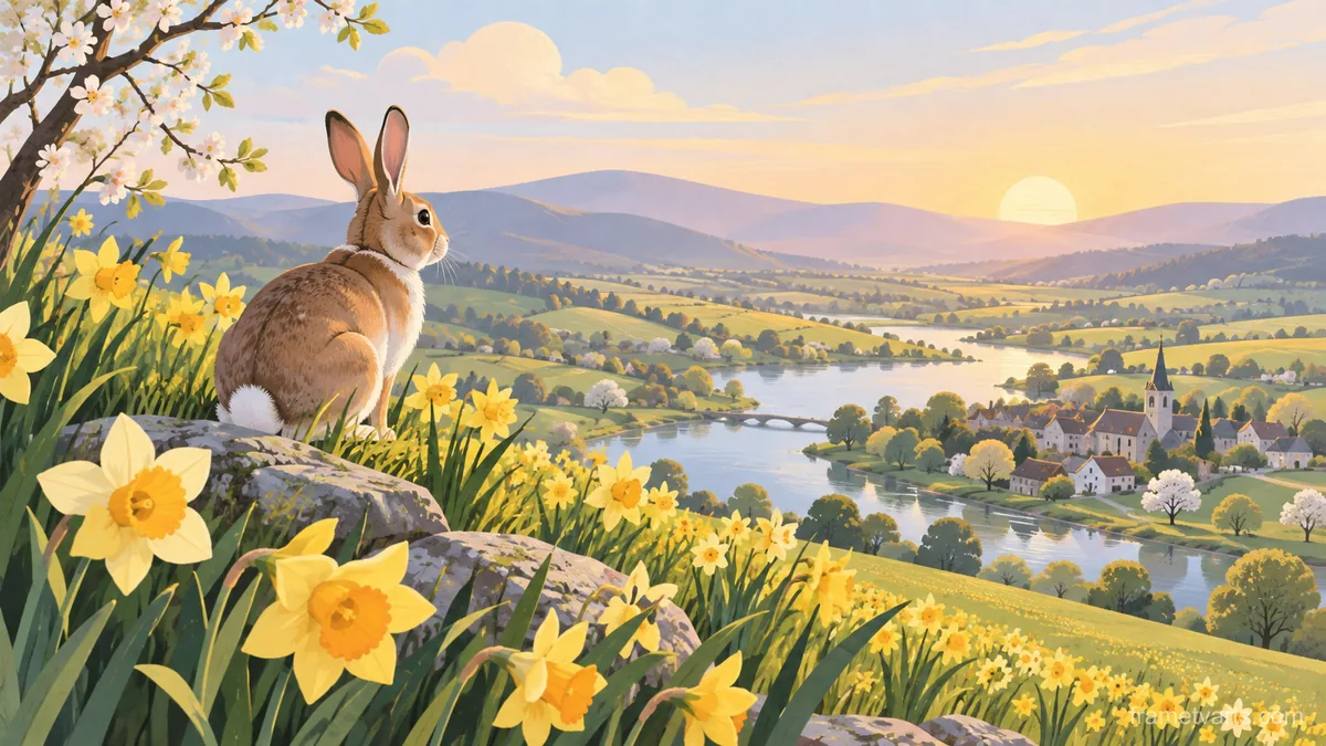 Easter rabbit among spring daffodils – minimal celebratory illustration Samsung Frame TV art, 4K