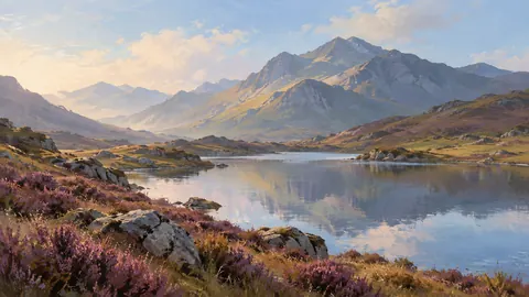 Highland tarn beneath heather slopes – minimalist landscape painting Frame TV art