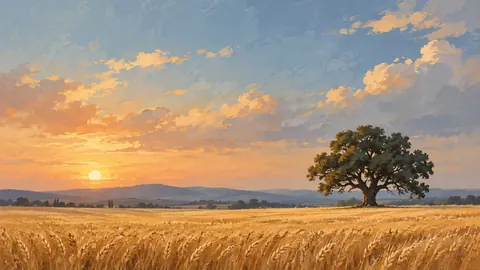Golden wheat field and lone oak – minimalist landscape painting Frame TV art