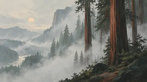 Fog rolling through redwood forest – minimalist landscape painting Frame TV art