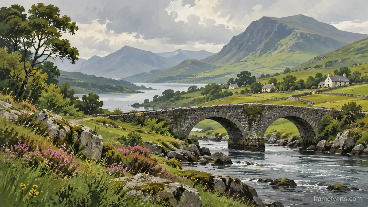 Irish green hills and an old stone bridge – minimal celebratory illustration Samsung Frame TV art, 4K