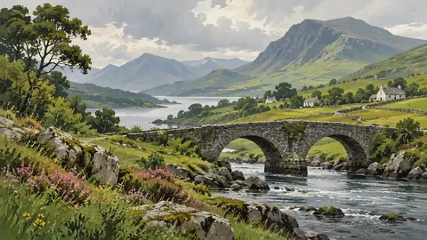 Irish green hills and an old stone bridge – minimal celebratory illustration Frame TV art