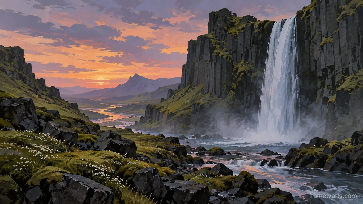 Waterfall between mossy basalt cliffs – minimalist landscape painting Samsung Frame TV art, 4K