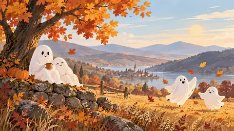 Halloween friendly ghosts in an autumn meadow – minimal celebratory illustration Frame TV art