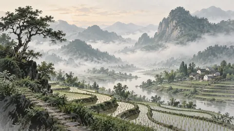 Terraced rice valley in morning mist – minimalist landscape painting Frame TV art