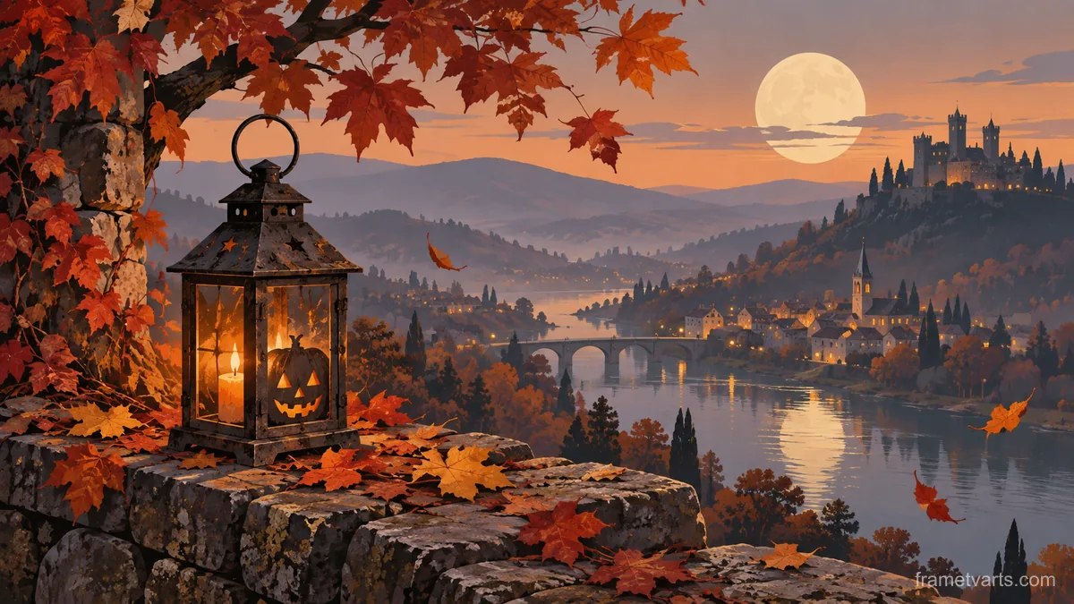 Halloween antique lantern and autumn leaves – minimal celebratory illustration Samsung Frame TV art, 4K