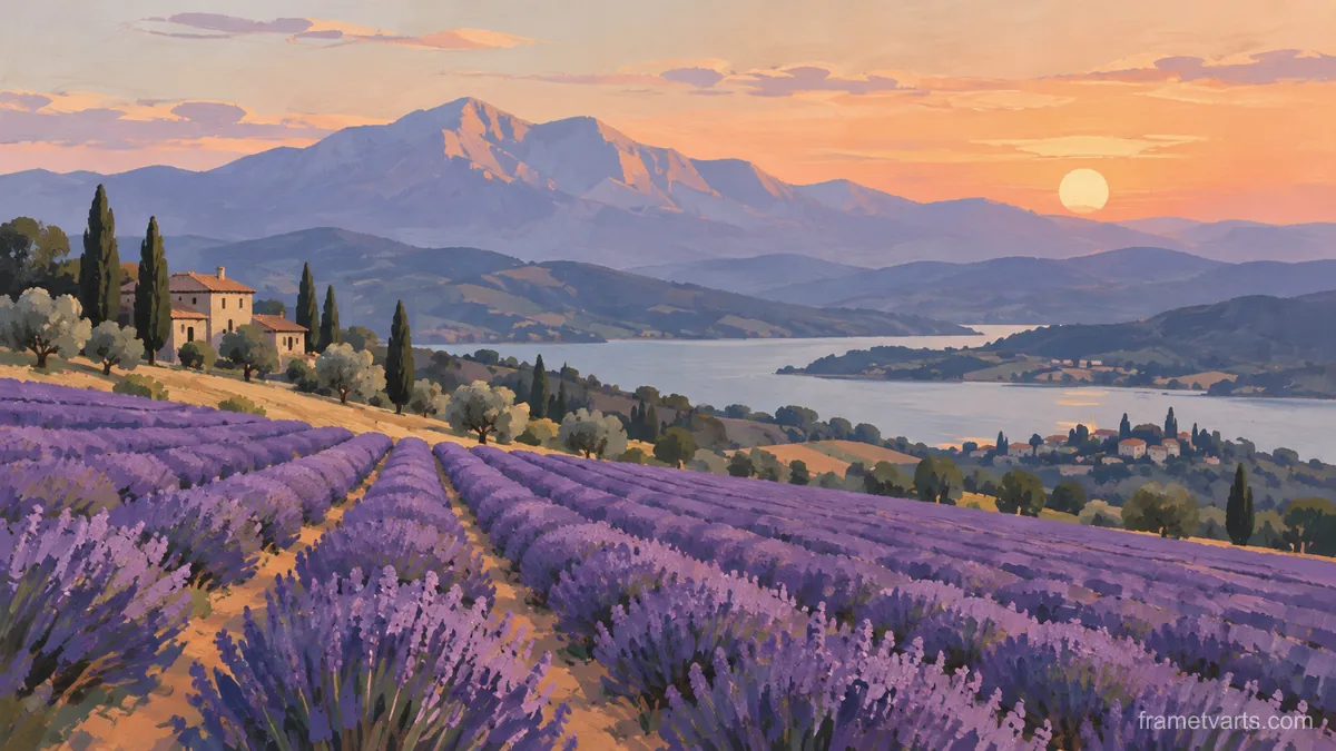 Lavender field beside distant mountains – minimalist landscape painting Samsung Frame TV art, 4K