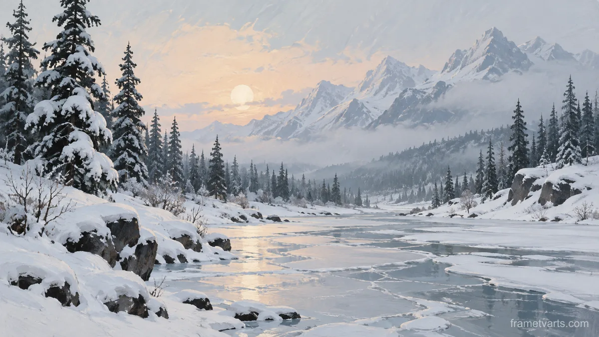 Snow-laden pine forest beside frozen creek – minimalist landscape painting Samsung Frame TV art, 4K