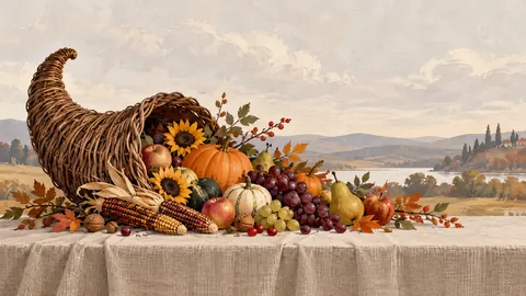 Thanksgiving harvest cornucopia on linen – minimal celebratory illustration Frame TV art
