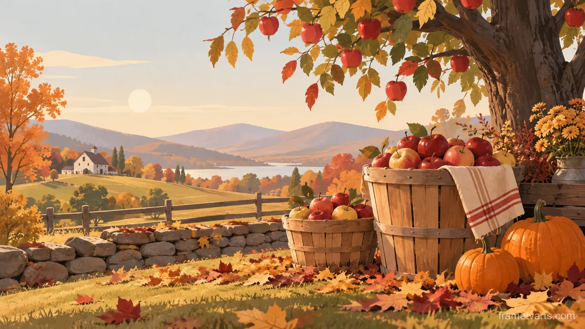 Thanksgiving orchard baskets and fallen leaves – minimal celebratory illustration Samsung Frame TV art, 4K