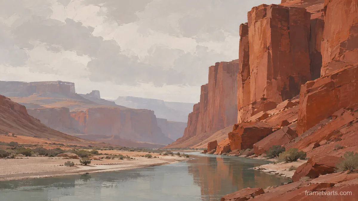Red canyon and a narrow desert river – minimalist landscape painting Samsung Frame TV art, 4K