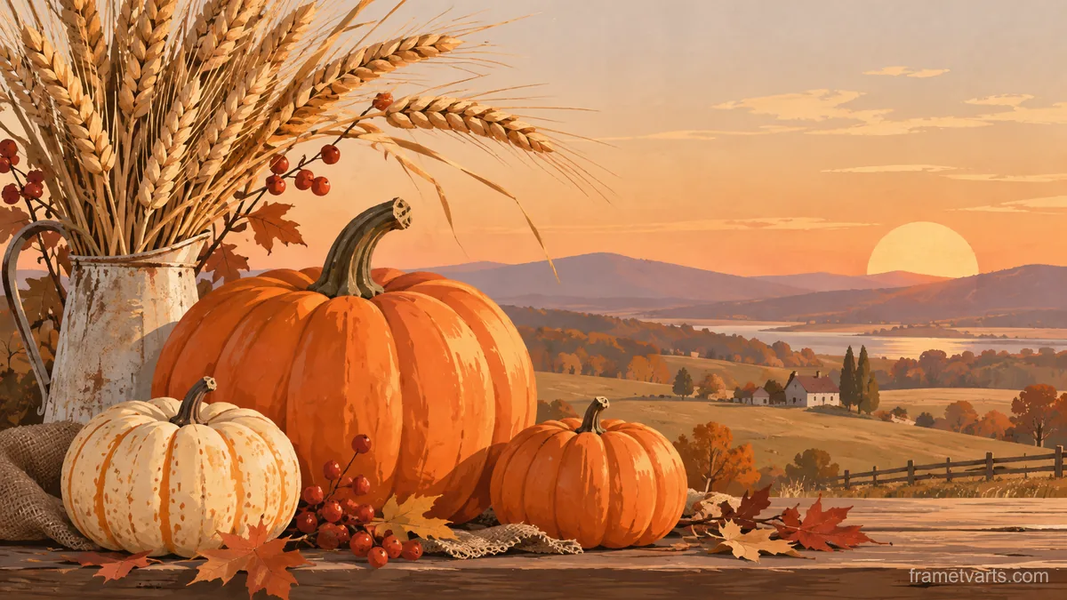 Thanksgiving pumpkin arrangement beside wheat – minimal celebratory illustration Samsung Frame TV art, 4K
