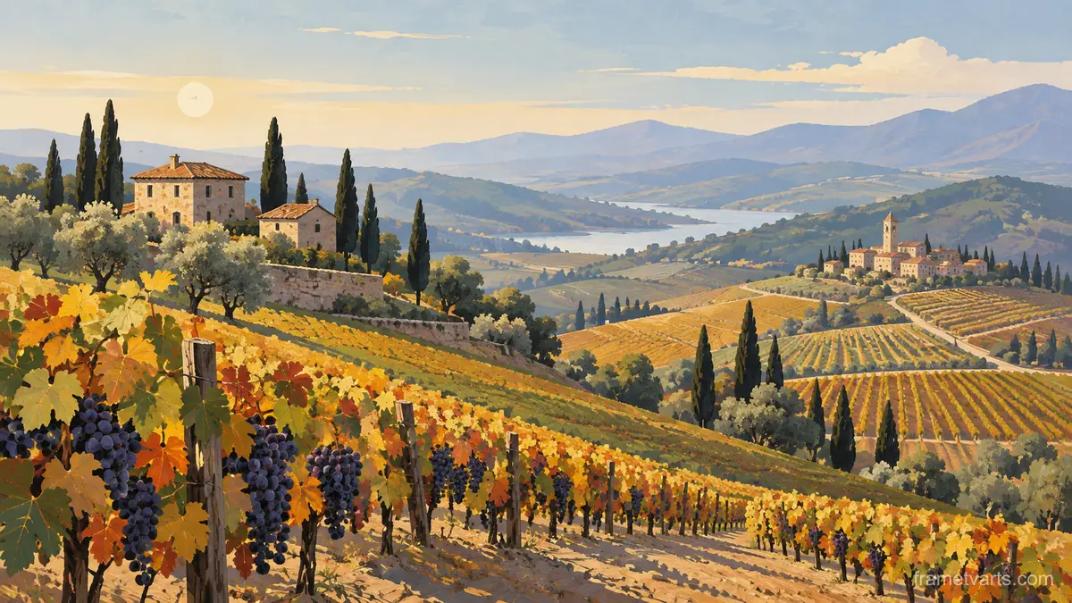 Rolling vineyard hills at harvest – minimalist landscape painting Samsung Frame TV art, 4K