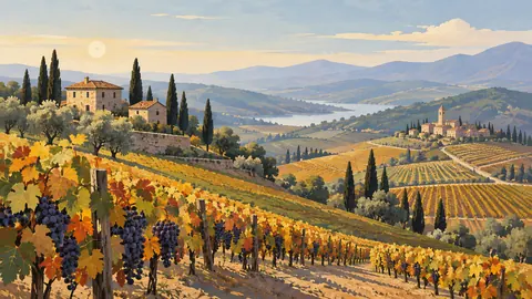 Rolling vineyard hills at harvest – minimalist landscape painting Frame TV art
