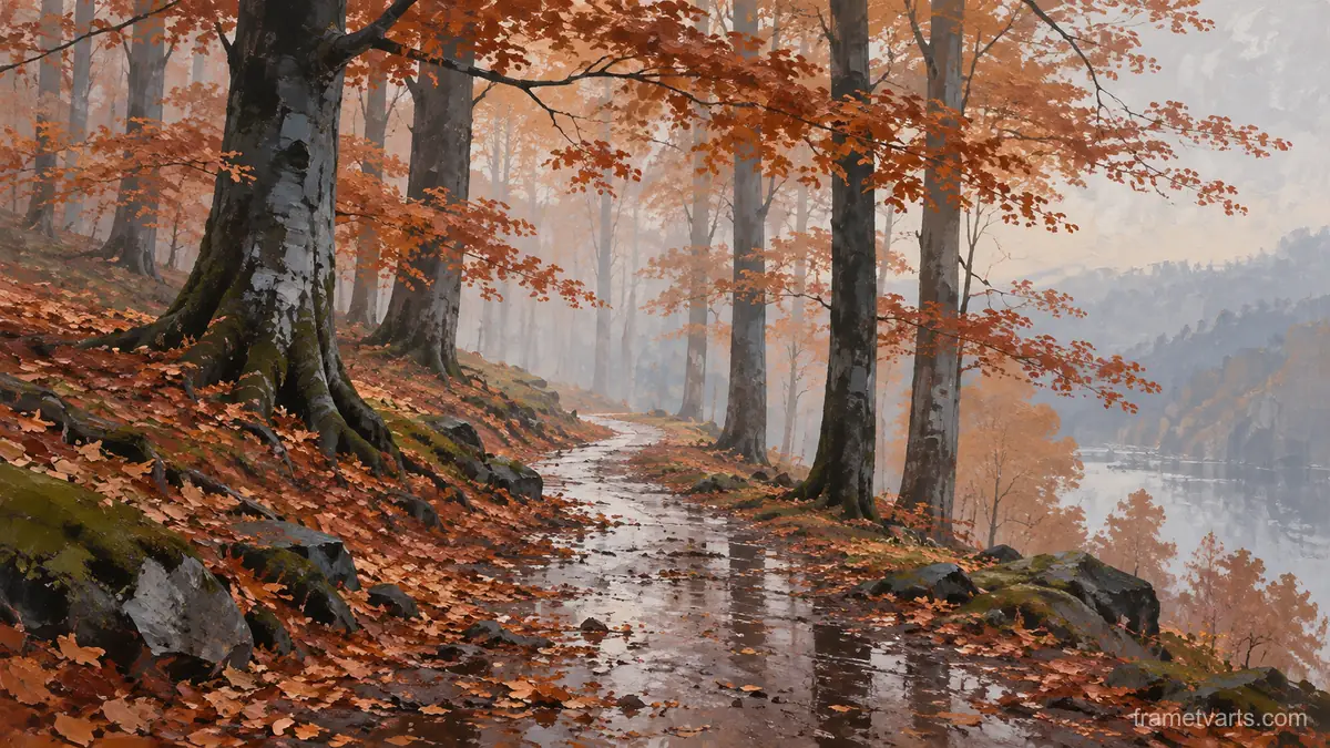 Wet woodland path among copper beeches – minimalist landscape painting Samsung Frame TV art, 4K