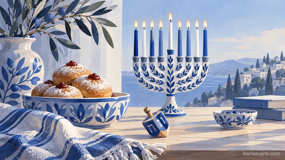 Hanukkah blue-and-white still life with dreidel – minimal celebratory illustration Samsung Frame TV art, 4K