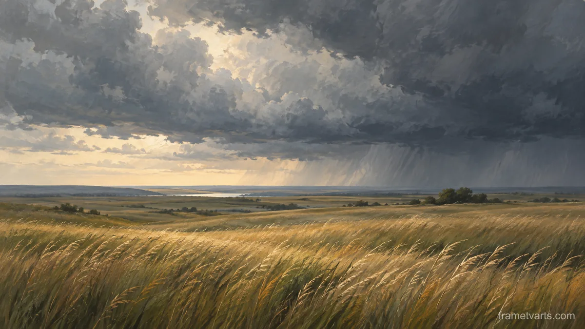 Prairie grass rippling beneath storm clouds – minimalist landscape painting Samsung Frame TV art, 4K