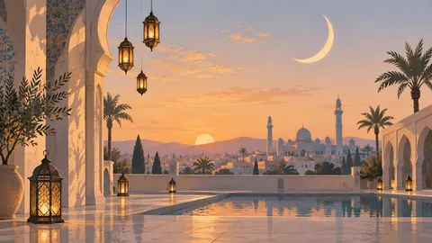 Ramadan lanterns and a crescent above a courtyard – minimal celebratory illustration Frame TV art