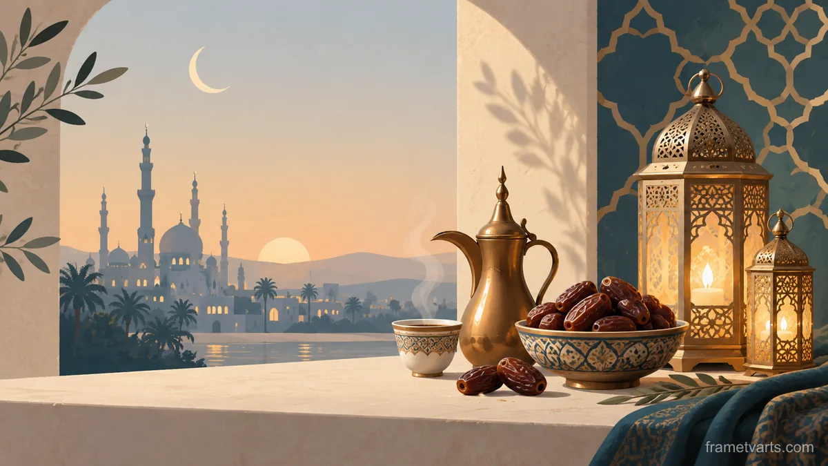 Eid dates and coffee beside decorative lanterns – minimal celebratory illustration Samsung Frame TV art, 4K