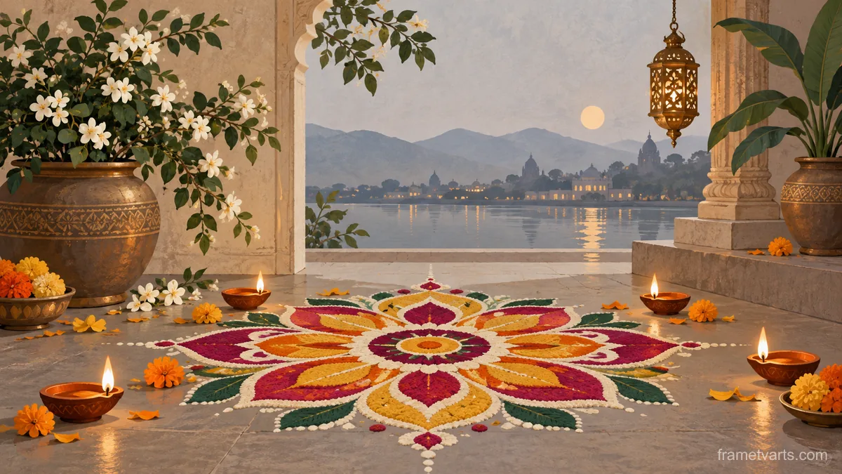 Diwali symmetrical floral rangoli beside oil lamps – minimal celebratory illustration Samsung Frame TV art, 4K