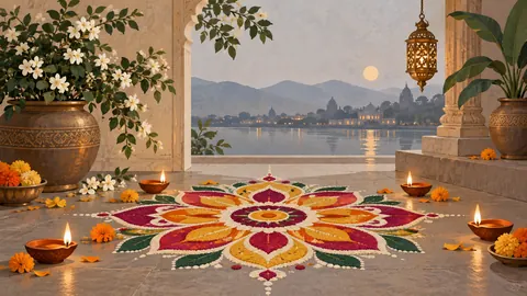 Diwali symmetrical floral rangoli beside oil lamps – minimal celebratory illustration Frame TV art