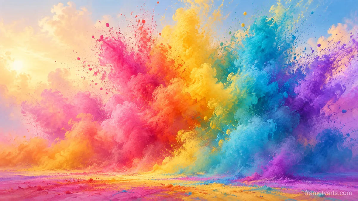Holi abstract clouds of celebratory colored powder – minimal celebratory illustration Samsung Frame TV art, 4K