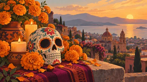 Dia de los Muertos marigolds and an original decorated calavera – minimal celebratory illustration Frame TV art