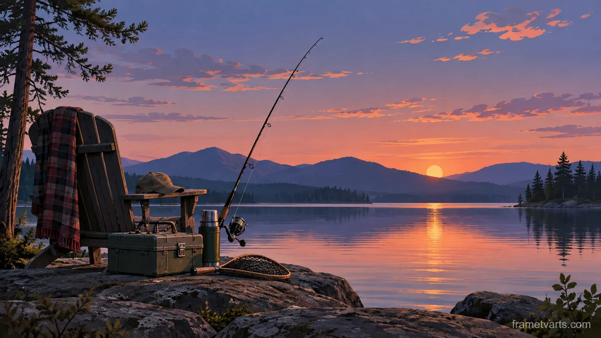Father's Day fishing equipment beside a quiet lake – minimal celebratory illustration Samsung Frame TV art, 4K