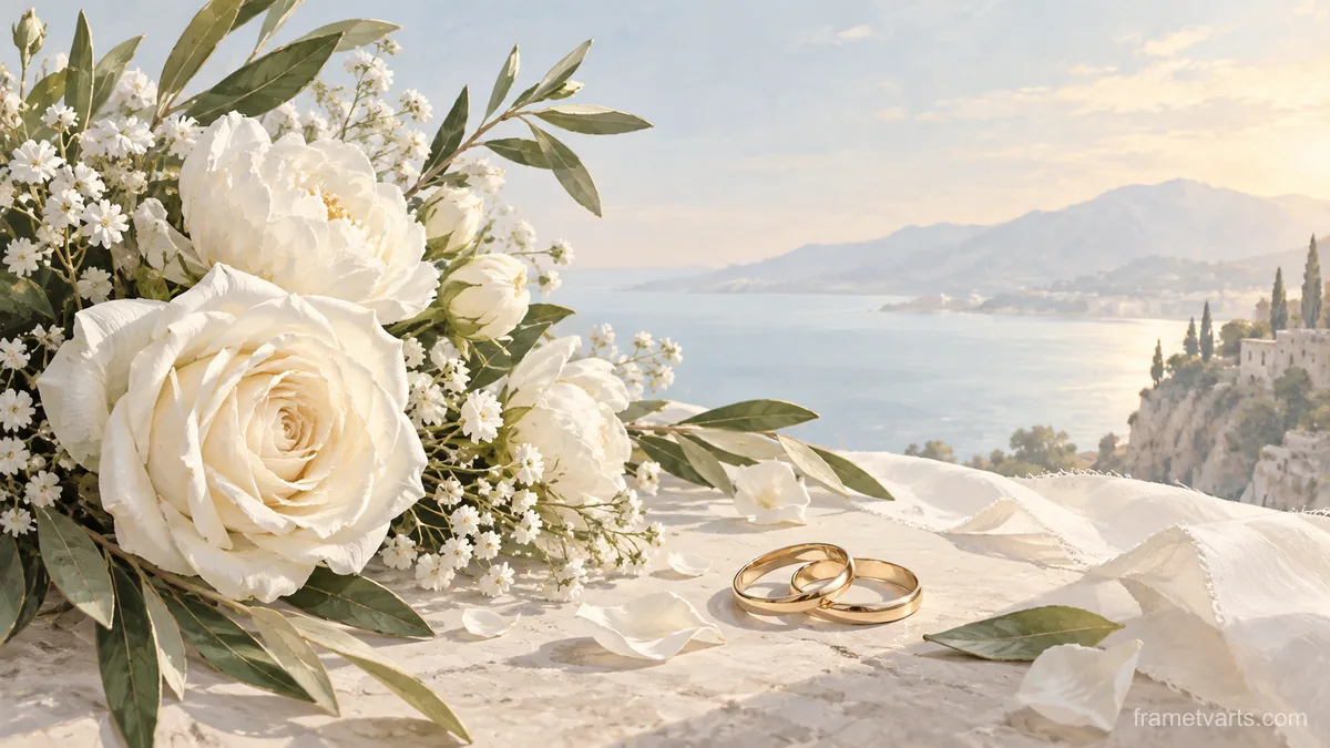 Wedding white florals and two interlocking plain rings – minimal celebratory illustration Samsung Frame TV art, 4K