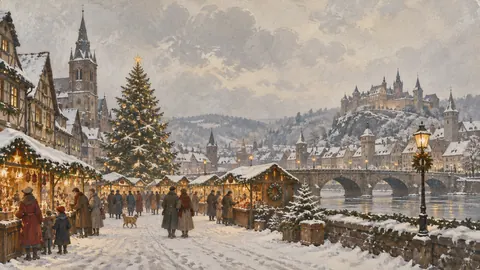 Snowy Christmas market without signs – vintage-inspired festive print Frame TV art