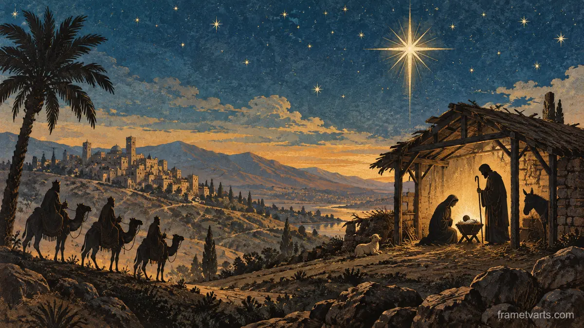 Nativity silhouette under a starry sky – vintage-inspired festive print Samsung Frame TV art, 4K