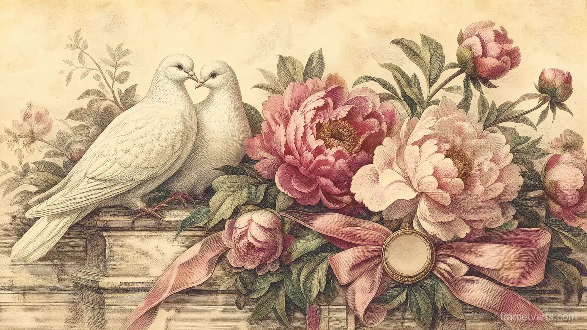 Valentine peonies and paired white doves – vintage-inspired festive print Samsung Frame TV art, 4K
