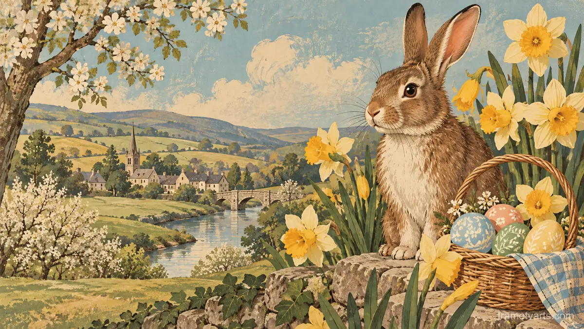Easter rabbit among spring daffodils – vintage-inspired festive print Samsung Frame TV art, 4K