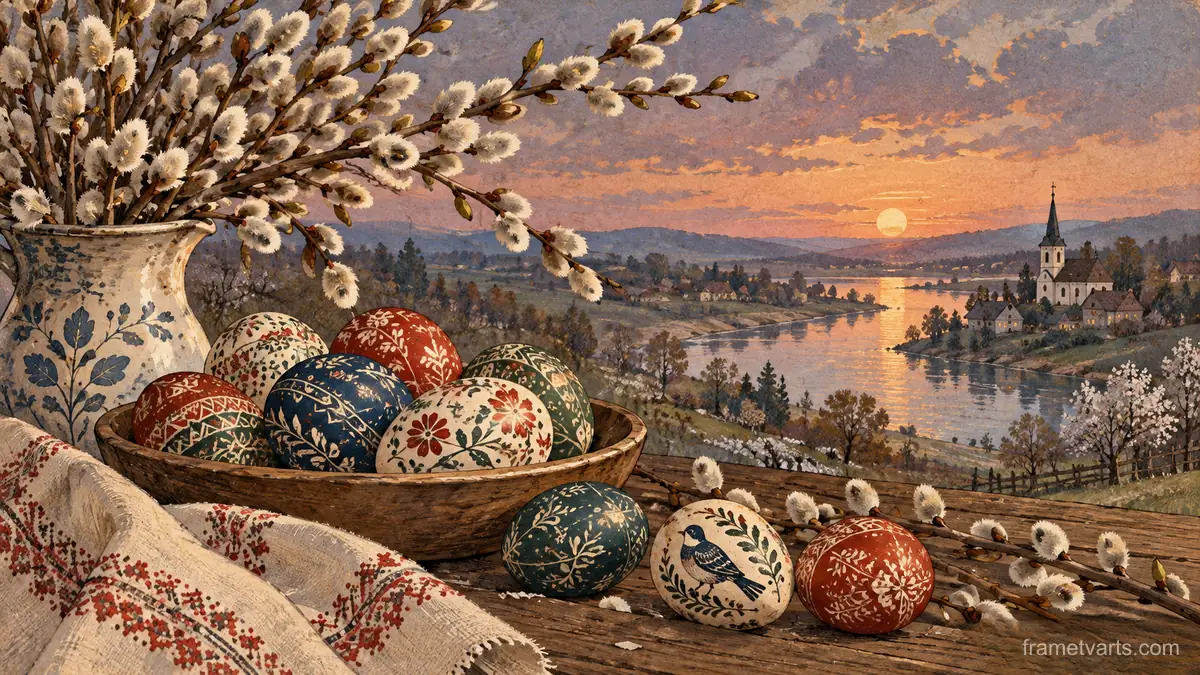 Easter painted eggs and willow branches – vintage-inspired festive print Samsung Frame TV art, 4K