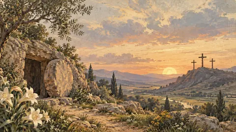 Easter sunrise over three distant simple crosses – vintage-inspired festive print Frame TV art