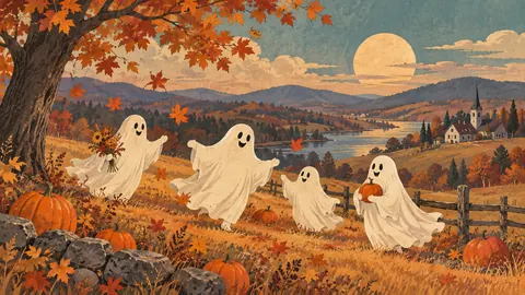 Halloween friendly ghosts in an autumn meadow – vintage-inspired festive print Frame TV art