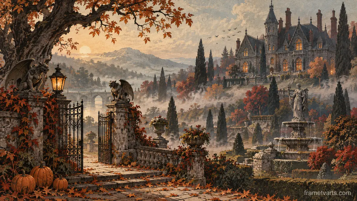 Halloween haunted manor in a misty garden – vintage-inspired festive print Samsung Frame TV art, 4K