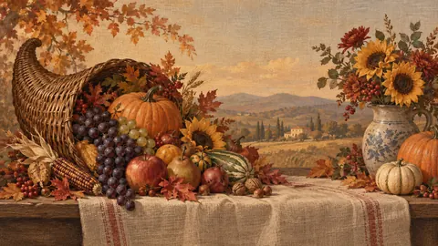 Thanksgiving harvest cornucopia on linen – vintage-inspired festive print Frame TV art
