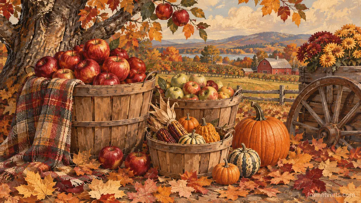 Thanksgiving orchard baskets and fallen leaves – vintage-inspired festive print Samsung Frame TV art, 4K