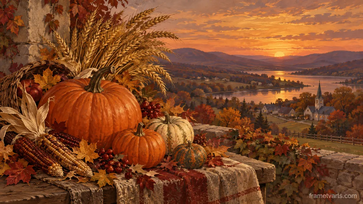 Thanksgiving pumpkin arrangement beside wheat – vintage-inspired festive print Samsung Frame TV art, 4K