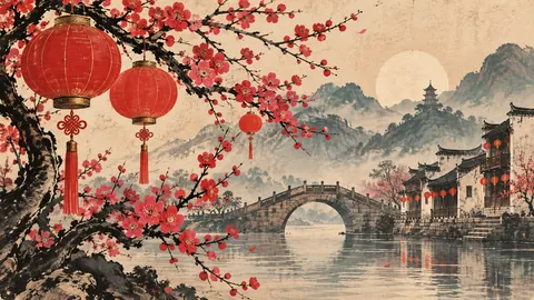 Lunar New Year red lanterns and plum blossoms – vintage-inspired festive print Frame TV art